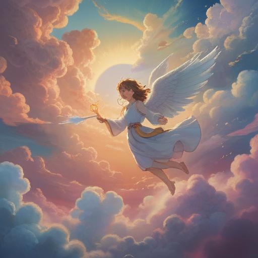 A serene and ethereal scene depicting an angel descending from the clouds, soft light illuminating the surroundings, symbolism of hope and guidance, gentle expressions on the angel's face, vibrant nature in the background representing harmony, feeling of tranquility and spiritual awakening, vivid colors, detailed textures, dreamlike atmosphere, 4k