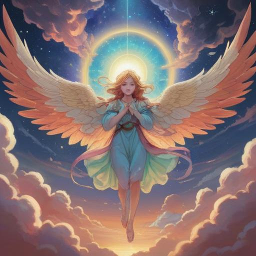 A beautiful celestial scene featuring an angel descending from the heavens, radiant light surrounding the angel, ethereal glow, soft clouds, a tranquil landscape below, symbols of hope and guidance, spiritual awakening, harmonious colors, uplifting atmosphere, serene expression on the angel’s face, representing a positive sign, 4k