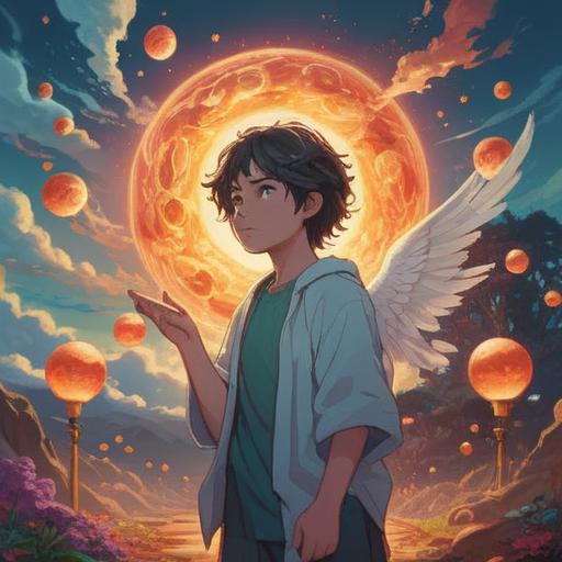 A serene and ethereal scene capturing an angelic figure surrounded by radiant light, soft glowing orbs symbolizing spiritual signs, gentle clouds in the background, a feeling of peace and divine presence, delicate feathers drifting in the air, a lush landscape below, vibrant flowers representing hope and transformation, harmonious color palette, 4k