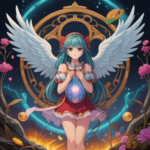 A beautiful illustration of a lucky charm inspired by angelic symbols, ethereal light surrounding the charm, vibrant colors reflecting good fortune, serene background with soft clouds and rays of sunlight, harmonious composition emphasizing positivity and hope, detailed texture on the charm, 4k