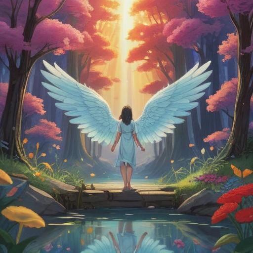 A serene illustration depicting personal growth after feeling the guidance of an angel, soft light illuminating a peaceful landscape, a figure reflecting thoughtfully under a tree, blossoming flowers symbolizing hope, gentle colors representing tranquility, ethereal presence of an angel in the background, calming atmosphere, inspiring journey of self-discovery, 4k