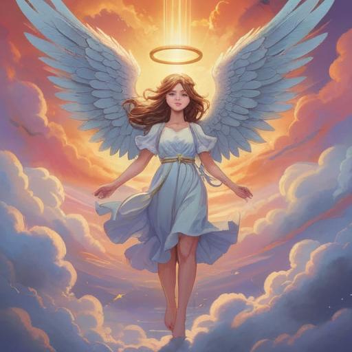 A serene and ethereal illustration of an angel, gentle light radiating from its presence, surrounded by soft clouds and a celestial backdrop, symbolizing hope and guidance, intricate details in wings and robe, tranquil expression, harmonious colors, spiritual essence, 4k