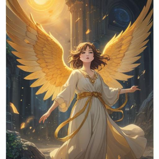 A serene and ethereal illustration of an angel, surrounded by soft golden light, gently descending from the heavens, serene expression, graceful wings spread wide, peaceful and uplifting atmosphere, subtle divine symbols in the background, representing hope and guidance, harmonious colors, 4k