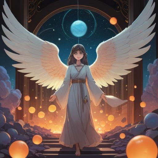 An ethereal scene depicting a serene angel surrounded by glowing orbs of light, symbols of spirituality cascading in the background, wings elegantly spread, gentle expression conveying tranquility, celestial environment with soft clouds and a warm golden glow, inviting ambiance, vivid details capturing the essence of divine signs, 4k