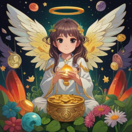 A serene illustration of an angel surrounded by lucky objects, sparkling golden coins, colorful four-leaf clovers, shining stars, a radiant rainbow in the background, gentle clouds, soft halo glowing, mystical ambiance, ethereal wings, vibrant colors, unique symbolism, 4k
