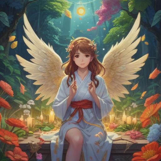 A serene illustration of an angel surrounded by symbols of good fortune, radiant light emanating from the angel, a lush landscape with blooming flowers and sparkling stars, peaceful and uplifting atmosphere, intricate details in the angel's wings and attire, harmonious colors, enchanting elements like rainbows and lucky charms, 4k