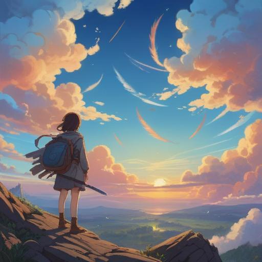 A serene and ethereal scene showcasing angelic feather clouds in a bright blue sky, people gazing up in wonder, spiritual symbols subtly integrated in the cloud formations, a sense of calm and inspiration, radiant sunlight illuminating the clouds, soft pastel colors enhancing the spiritual vibe, uplifting atmosphere, detailed nature surroundings, people experiencing a moment of connection with the divine, 4k