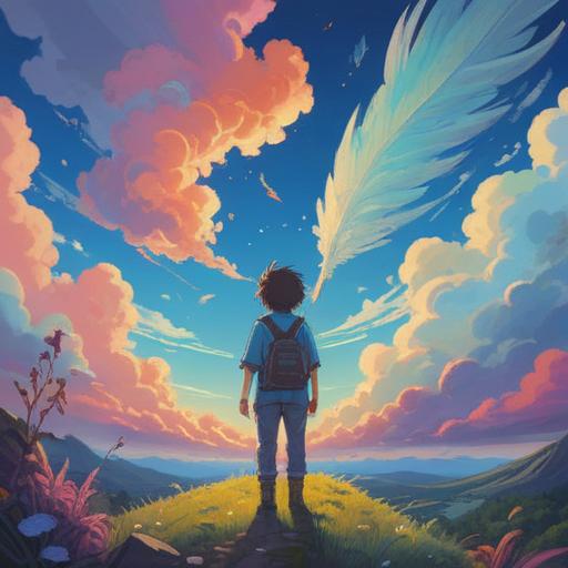 A whimsical scene featuring a person gazing at angelic feather clouds in a bright blue sky, vibrant colors, serene atmosphere, magical aura, lucky charm symbols scattered around, soft sunlight illuminating the scene, dreamy landscape, hopeful expression, 4k