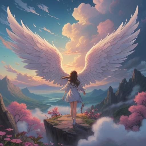 A serene landscape featuring clouds shaped like angel wings, representing a transformation of the heart, tranquil aura, soft light filtering through the clouds, gentle breezes, characters experiencing emotional shifts, vivid colors blending harmoniously, 4k