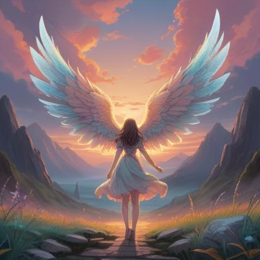 A serene landscape with clouds resembling angel wings, ethereal light shining through, a sense of tranquility and spirituality, soft pastel colors, gentle floating feathers, symbolism of hope and protection, harmonious atmosphere, uplifting energy, 4k