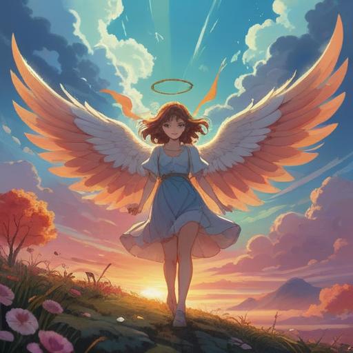 A serene landscape with fluffy clouds shaped like angel wings, soft rays of sunlight breaking through, a tranquil atmosphere, symbols of hope and spirituality, delicate colors blending together, peaceful nature setting, uplifting and positive vibes, 4k