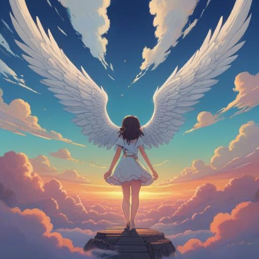 A serene sky filled with fluffy clouds shaped like angel wings, soft light illuminating the scene, a sense of divine presence, gentle and peaceful atmosphere, people gazing up in awe, subtle hints of spiritual symbols in the clouds, calming colors, ethereal feel, 4k