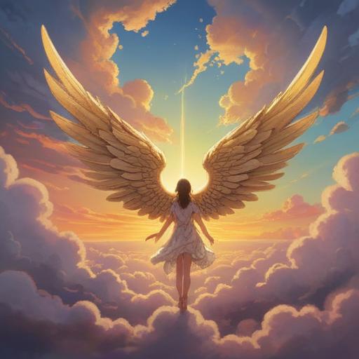 A serene sky filled with fluffy clouds shaped like angel wings, golden light breaking through the clouds, a horizon that suggests a bright future, ethereal atmosphere, soft pastel colors, a sense of hope and guidance, gentle floating elements, 4k