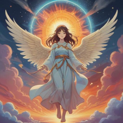 A spiritual scene depicting an angelic figure appearing, radiant light surrounding them, ethereal atmosphere, gentle expressions, soft clouds in the background, symbolic elements of peace and hope, serene nature setting, uplifting energy, harmonious colors, 4k