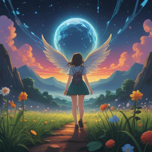 A serene encounter with an angelic figure, bright celestial light surrounding them, symbols of luck like four-leaf clovers and shooting stars, peaceful garden setting, vibrant colors, a sense of wonder and joy, magical atmosphere, 4k