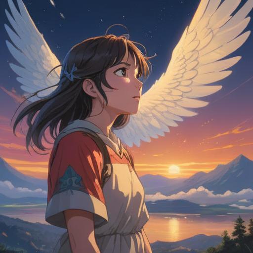 A serene depiction of a person gazing at the sky, ethereal touch, gentle light surrounding, wings made of shimmering light, expressions of hope and longing, soft clouds in the background, spiritual symbolism, uplifting atmosphere, harmonious blend of colors, 4k