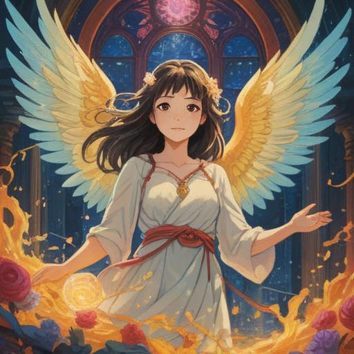 A serene and uplifting scene depicting an angelic figure surrounded by radiant light, symbolic elements representing spiritual guidance, gentle expressions conveying positivity and hope, vibrant colors representing divine energy, ethereal clouds and a peaceful landscape, harmonious atmosphere, 4k