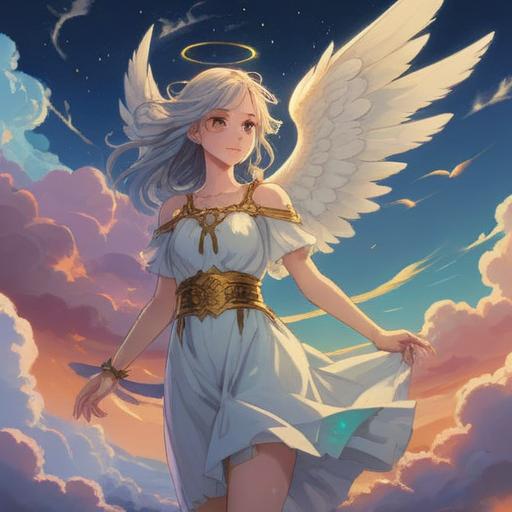 A serene scene depicting the desire to become an angel, ethereal light surrounding a tranquil figure, soft clouds in the background, uplifting symbols such as feathers and halos, gentle expressions reflecting hope and transformation, vibrant colors representing positivity and spirituality, 4k