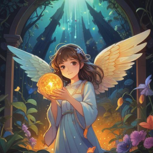 A whimsical scene featuring a charming, ethereal angel surrounded by a sparkling aura, holding a magical lucky item that radiates light, soft clouds in the background, gentle pastel colors creating a serene atmosphere, nature elements like flowers and butterflies adding to the enchantment, intricate details on the lucky item emphasizing its significance, hopeful expression on the angel's face, inviting and dreamy ambiance, 4k