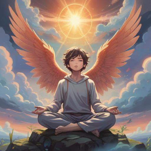 A serene illustration depicting a person meditating under a soft glowing light, surrounded by angelic wings and ethereal clouds, a gentle smile on their face, radiating tranquility, inner peace, and harmony, warm colors, uplifting atmosphere, stylized celestial elements, 4k