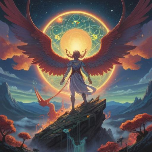 A celestial scene featuring an angel and a dragon intertwined, vibrant colors, ethereal glow, symbolic representation of spirituality and protection, intricate details in wings and scales, harmonious interaction, serene atmosphere, spiritual connection, 4k