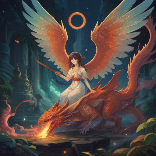 A captivating illustration of an angel and a dragon, symbolizing a powerful spiritual sign, ethereal glow surrounding them, intricate details in their wings and scales, heavenly landscape in the background, divine light illuminating the scene, serene expressions on their faces, harmony between the two beings, mystical atmosphere, 4k