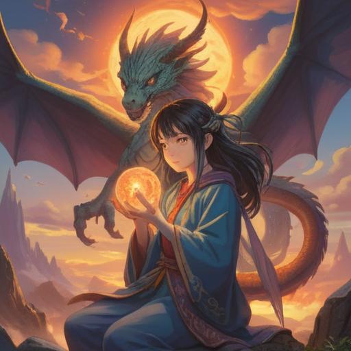 A serene fantasy scene, an angelic figure gently holding a glowing lucky stone, a majestic dragon soaring in the sky above, soft ethereal light enveloping the surroundings, vivid colors highlighting the contrast between the angel and the dragon, mystical atmosphere, detailed textures, nature elements like lush greenery and sparkling water, symbolic representation of guidance and fortune, 4k