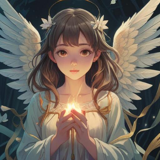 A serene illustration of a gentle angel surrounded by ethereal light, delicate wings shimmering, reflecting a sense of love and protection, subtle but powerful spiritual symbols in the background, soft clouds and a calming sky, hints of caution represented by faint shadows, warm and inviting atmosphere, captivating details, 4k