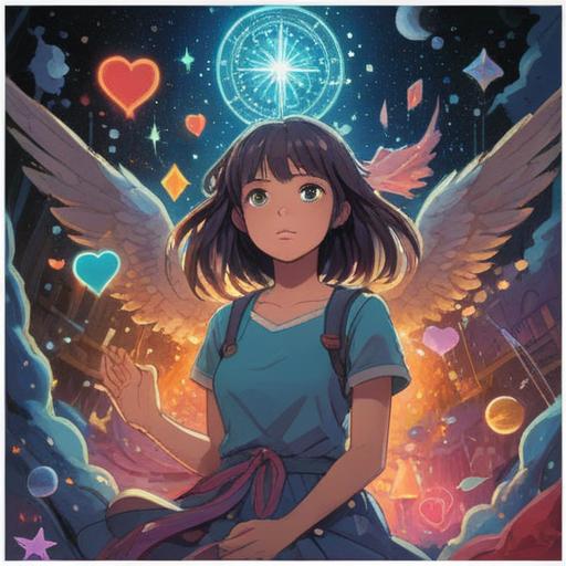 A whimsical illustration of a person surrounded by angelic symbols, radiant light shining around, hearts and stars floating in the air, the person has a joyful expression, delicate feathers drifting down, vibrant colors, enchanting atmosphere, meaningful details like a necklace with an angel charm, uplifting energy, 4k