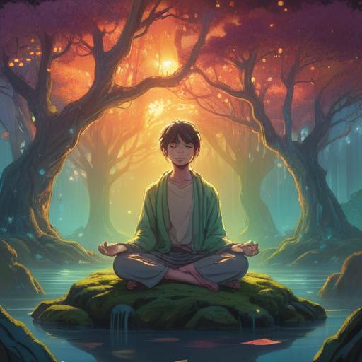 A serene illustration depicting a person meditating under a glowing tree, ethereal light surrounding them, soft angelic figures hovering nearby, gentle expressions of love and support, tranquil atmosphere, nature-inspired elements, harmonious colors, 4k