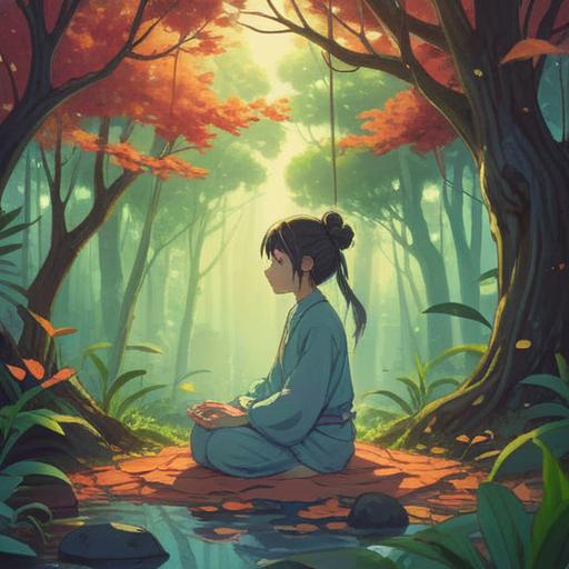 A serene scene depicting a person meditating in a tranquil setting, soft ethereal light filtering through lush trees, gentle breeze rustling leaves, the person surrounded by floating feathers symbolizing angelic presence, a subtle halo of light above their head, calm expression reflecting inner peace, spiritual connection with the divine, vibrant colors enhancing the peaceful atmosphere, nature's beauty harmonized with a sense of enlightenment, 4k