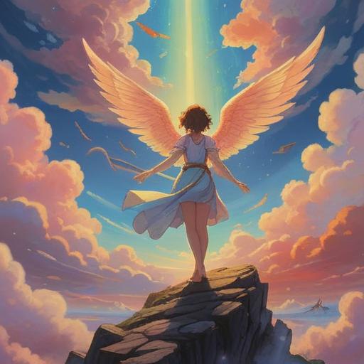 A serene scene depicting a person gazing upwards, ethereal angels softly glowing in the clouds, vibrant light rays illuminating the surroundings, symbols of hope and positivity, a picturesque landscape with gentle hills and blooming flowers, warm color palette, uplifting atmosphere, spiritual awakening, 4k