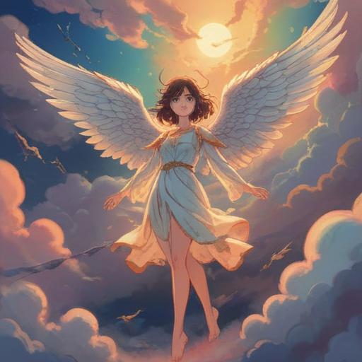 A serene scene depicting a radiant angel appearing in a soft cloudscape, gentle light illuminating the atmosphere, ethereal wings spread wide, symbolic signs like feathers and shimmering orbs surrounding the angel, peaceful expression conveying guidance, lush green landscape below, celestial elements in the sky, tranquil and spiritual ambiance, 4k