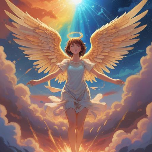 A mystical scene depicting an angel appearing in a radiant sky, beams of light shining down, a serene expression on the angel's face, a number floating gently in the air, surrounded by sparkling stars, soft clouds in the background, conveying a sense of wonder and fortune, ethereal atmosphere, 4k