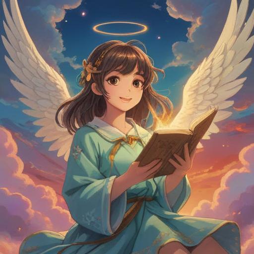 A serene scene of an angel radiating light, surrounded by soft clouds, a gentle smile on her face, holding a glowing scroll with a heartfelt message of gratitude, ethereal atmosphere, warm golden hues, delicate wings, peaceful landscape in the background, uplifting and inspiring, 4k