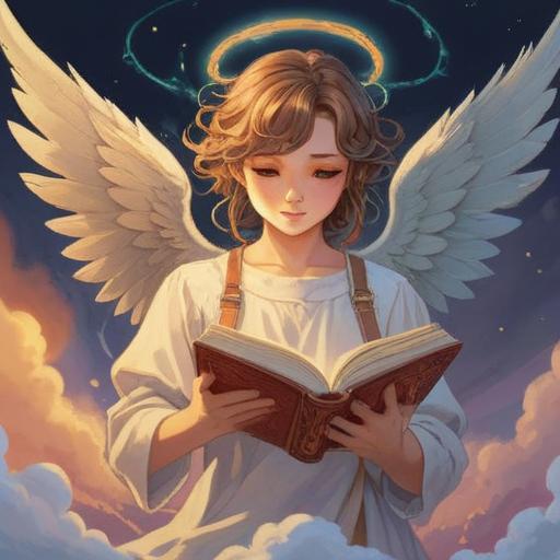 A serene and ethereal illustration of an angel holding an open spiritual book, radiant light emanating from the pages, surrounded by gentle clouds and soft glows, mystical aura, symbols of peace and wisdom floating around, tranquil atmosphere, conveying a sense of enlightenment, 4k
