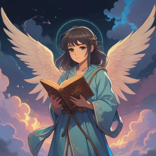 A serene and ethereal illustration of an angelic figure, holding a spiritual book that radiates glowing light, surrounded by soft clouds and gentle rays of sunlight, symbols of positivity and hope emanating from the book, a peaceful garden setting with blooming flowers, tranquil atmosphere, 4k