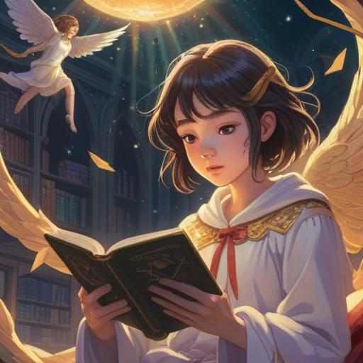 A serene scene of a person reading a book about angels, surrounded by ethereal light, intricate angelic symbols in the air, soft glowing orbs representing spiritual signs, a calm and contemplative atmosphere, gentle breezes rustling leaves, warm sunlight filtering through trees, deep connection with spirituality, 4k