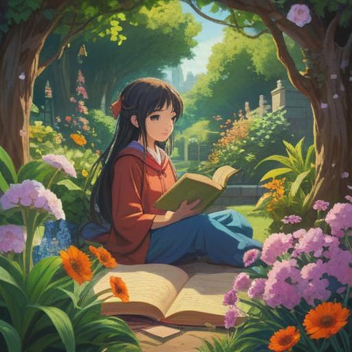 A serene scene of a person sitting in a peaceful garden, surrounded by vibrant flowers and soft sunlight, holding an open book with angelic illustrations, feeling a sense of joy and gratitude, a gentle breeze rustling the pages, symbols of luck like four-leaf clovers floating around, uplifting atmosphere, ethereal glow, 4k