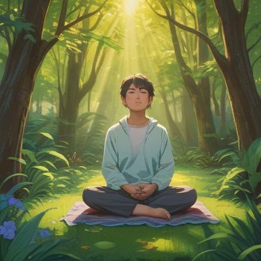 A serene and uplifting scene of a person meditating in a peaceful garden, surrounded by soft rays of sunlight filtering through the trees, an ethereal angelic figure gently guiding them, symbols of gratitude and positivity floating around, a tranquil atmosphere promoting mindfulness and inspiration, vibrant colors, harmonious nature elements, 4k