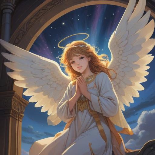 A serene and ethereal scene depicting an angelic figure providing support to a person in need, luminous halo surrounding the angel, gentle light illuminating the surroundings, soft clouds and a tranquil sky, a sense of peace and comfort, symbolic representation of spiritual guidance and protection, uplifting atmosphere, harmony and connection, 4k