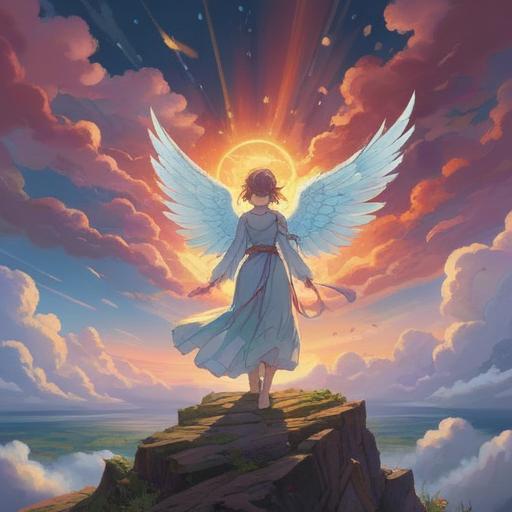 A serene and uplifting scene depicting an angelic figure, radiant light illuminating the surroundings, ethereal presence symbolizing support and guidance, soft clouds in a blue sky, gentle aura surrounding the angel, nature in harmony, flowers blooming, golden rays of light shining down, subtle signs of spiritual connection, hope and positivity, 4k