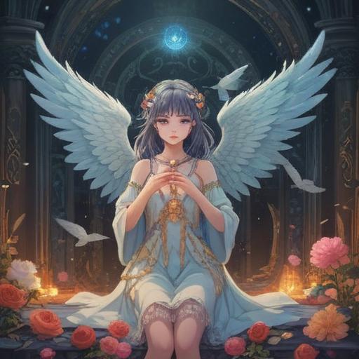 A magical charm designed to attract angelic support, intricate symbols and shimmering patterns, surrounded by ethereal light, inviting atmosphere, delicate angel wings gently glowing, serene landscape in the background, uplifting energy, enchanting details, 4k