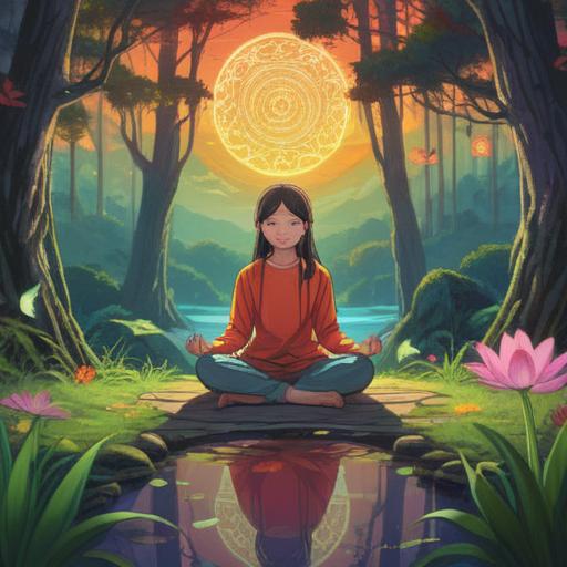 A serene scene depicting the power of gratitude as a spiritual energy, radiant light surrounding a person meditating in nature, vibrant colors illuminating the surroundings, lush greenery and blooming flowers, gentle breeze, an aura of positivity and peace, harmony between the individual and the universe, 4k
