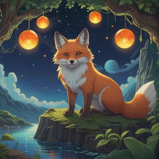 A mystical scene featuring a celestial fox spirit, glowing softly under a starlit sky, surrounded by floating orbs of light, lush trees gently swaying in the breeze, symbols of prosperity and peace etched in the air, serene atmosphere, enchanting color palette, details highlighting the fox's ethereal fur, 4k