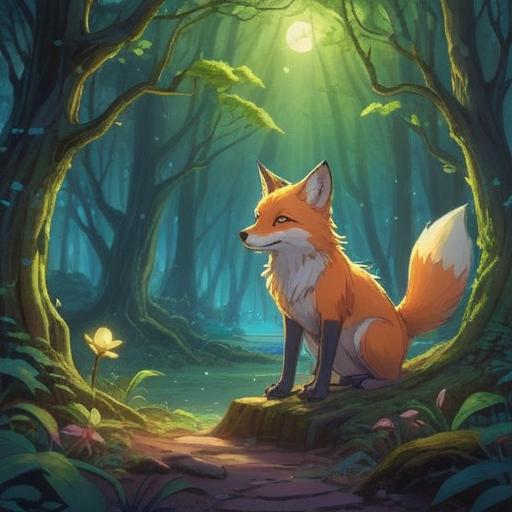 A mystical scene depicting a celestial fox appearing in a serene forest, glowing ethereal light, symbolic spiritual signs manifesting like shimmering orbs and gentle winds, lush greenery surrounding the fox, soft rays of sunlight breaking through the trees, an atmosphere of enchantment and reverence, vivid colors, intricate details, 4k