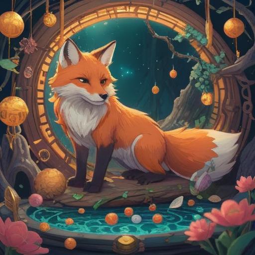 A mystical scene depicting a celestial fox, vibrant and ethereal, surrounded by enchanting lucky items like charms and talismans, glowing softly in a serene, moonlit forest, rich colors, intricate details, harmonious atmosphere, magic and fortune embodied, 4k