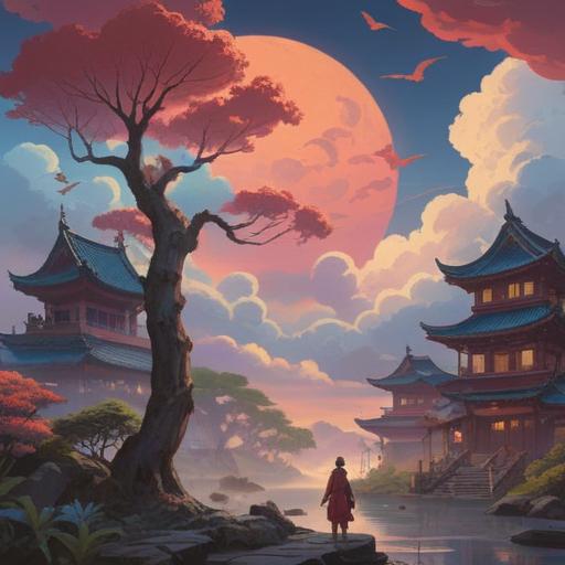 A serene landscape featuring tengu clouds, ethereal and mystical atmosphere, soft light illuminating the scene, signs of spiritual significance in the sky, vibrant colors blending together, peaceful nature, mountains in the background, a sense of tranquility and hope, 4k