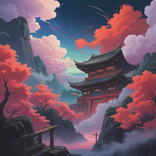 A mystical scene depicting the appearance of tengu clouds in the sky, ethereal wisps of mist swirling around, vibrant colors showcasing the spiritual energy, subtle light rays piercing through the clouds, people gazing upwards with expressions of wonder and caution, hints of ancient Japanese folklore elements, serene landscape below, a connection between nature and the divine, 4k
