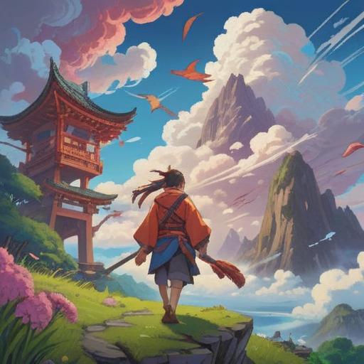 A serene landscape depicting a clear sky with fluffy tengu clouds, a person joyfully finding a lucky charm beneath the clouds, vibrant colors, whimsical elements, nature's beauty, sense of wonder and fortune, detailed foreground with flowers and grass, 4k